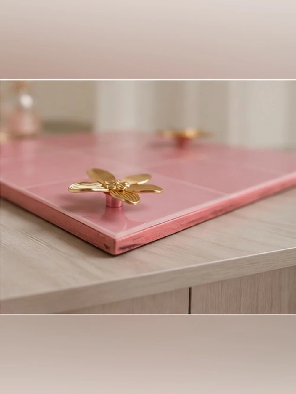 Pink Faux Tile Decorative Vanity Tray 16x12 Gold Flower Handles